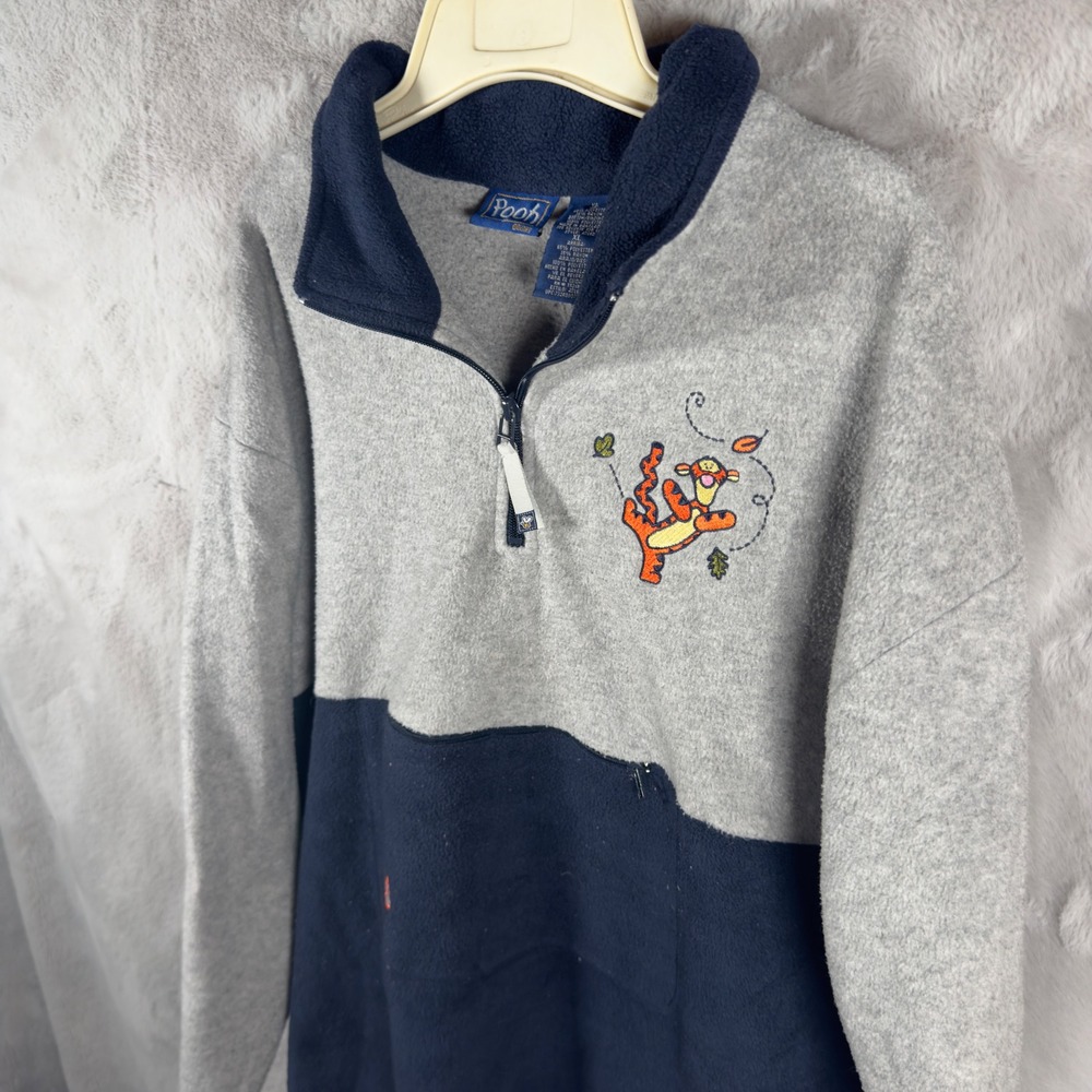Vintage Disney Pooh Tigger Quarter Zip Fleece Pullover Grey Navy XL ATL62